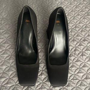 Zara Timeless Square Toe Satin Block Heels